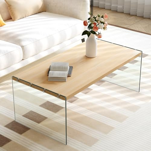 Artloge Table Basse Salon Modern: 120×60×45cm Table Basse Rectangulaire en Bois avec Support en Verre Trempé Transparent, Meuble Central Design pour Chambre Bureau Salle de Séjour
