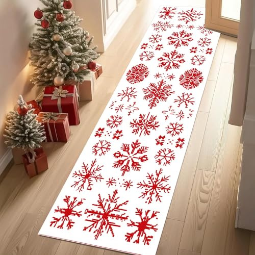 Jijliczc Schneeflocke Winter Teppich Läufer 60x120 cm Weihnachten rot Weiß Carpet rutschfest Waschbar Bettumrandung Schlafzimmer, Teppichläufer für Küche, Flur, Eingangsbereich