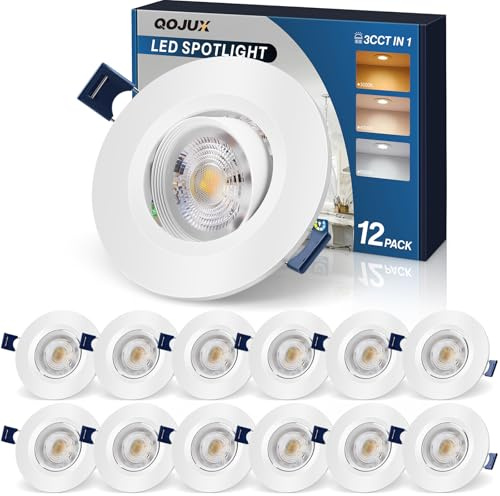 QOJUX LED Einbaustrahler 230V, 12er Set Flach LED Spot 5W Schwenkbar, Warmweiß Neutralweiß Kaltweiß Deckenspots Einbauleuchten 500LM, 64–80mm Lochmaß, IP44 Deckenstrahler für Badezimmer Küche