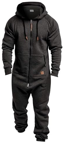LGHLMCL Men's Hooded Jumpsuit Fleece Lined Pajamas Playsuit Zip Up One Piece Jogger Sweatsuit Winter Onesie Overall Romper Dark Gray