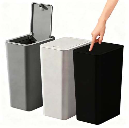 Stowetry 3 Pack Bedroom Bin,10L Plastic Bathroom Bin with Lid | Slim Push Button Thin Trash Can,Dog Proof Narrow Garbage Can for Toilet,Kitchen,Bathroom,Bedroom,Office,Living Room,Tricolor