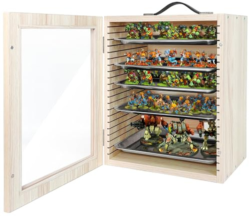Miniature Storage Case for Collectibles Miniatures, Wooden Miniature Carrying Case with 5 Metal Trays, Miniatures Transport Case, Oak