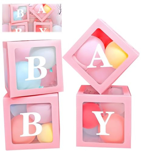 Baby Shower Balloon Boxes Decorations, 4PCS Boxes with Letters, Pink Transparent Balloon Boxes, Boys & Girls Baby Shower, Gender Reveal & Birthday Party Décor