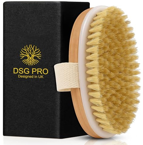DSG PRO Dry Body Brush – Natural Boar Bristle & Grass Wood Exfoliating Body Brush – Compact, Hand-Friendly Design for Smooth, Glowing Skin
