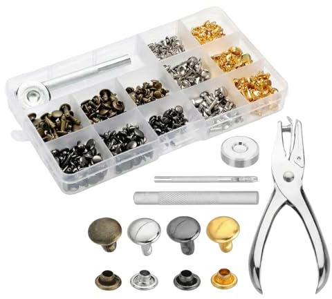 Leather Rivets Kit, 360Pcs Leathercraft Double Cap Rivets, 4 Colors 6mm 8mm 12mm with Punch Tool and Fixing Tool Rivets, Metal Double Cap Tubular Rivets for DIY Leather Craft Clothes Shoes