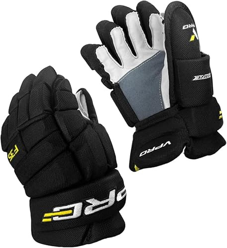 VPRO Guanti da hockey su ghiaccio, neri con dettagli bianchi, guscio in nylon con schiuma ammortizzante e fodera assorbente (F35/12)
