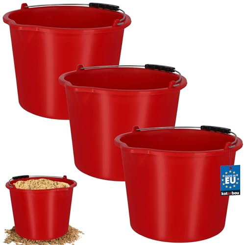 KOTARBAU Set of 3 construction buckets, 12 L, mortar bucket, plastic bucket, cleaning bucket with spout and handle, red, tool bucket, round, construction bucket