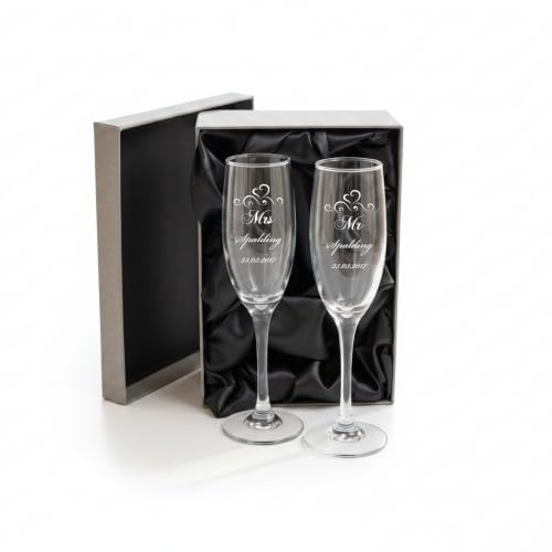 ukgiftstoreonline Personalised Engraved Crystal Champagne Flutes Wedding Toasting Set in Silk Lined Box