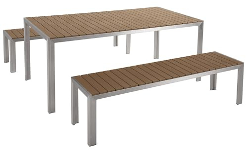 Praktisches Gartenmöbel Set Kunstholz 2 Bänke Tisch hellbraun silber Nardo