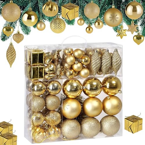 Lot de 103 Boules de Noël Or Décorations pour Sapin en Plastique Robuste Décoration de Noël intérieur extérieur