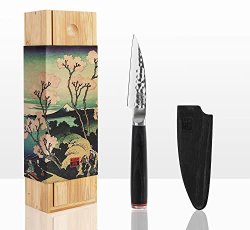 KOTAI Schälmesser | Obstmesser | 9 cm Klinge | Handgehämmert und geschärft | Griff aus Pakkaholz | Ultrascharfer 440C-Edelstahl | Versteckte volle Seide