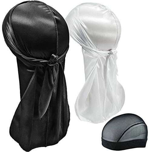 Hairizone - Juego de 2 durags sedosos, cintas para la cabeza (negro y blanco + 1 capucha)