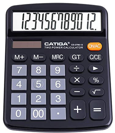 CATIGA 12 Digit Desktop Calculator with Large LCD Display and Sensitive Button, Dual Solar Power and Battery, Standard Function for Office, Home, School, CD-2786