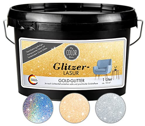 My COLOR Room Glitzer-Lasur (1000 ml, Gold) Transparente Wandfarbe für Wandgestaltung Mit Glitzer-Effekt für Innenbereich, Dekorationslasur Made in Germany