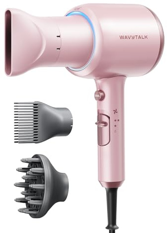 Wavytalk Hair Dryer with Diffuser, Blown Away Ionic Blow Dryer for Curly Hair with Comb, 1875W Fast Drying Hair Dryer with Ceramic Technology, 3 Attachments for All Hair Types, Light and Quiet, Pink