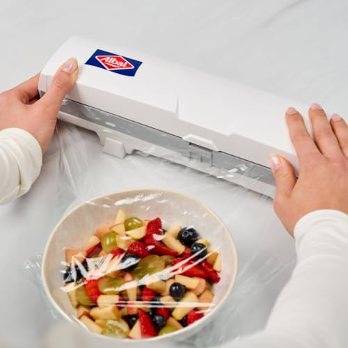 ALBAL Universal-Folienabroller (37 x 9 cm), Frischhaltefolienabroller, Aluminiumfolie und Backpapier, Spender für Frischhaltefolie für sauberes Schneiden mit nur einem Druck