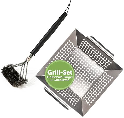 Blumtal Juego de Cepillo para Barbacoa de Acero Inoxidable y Bandeja de Parrilla de Acero Inoxidable – Limpiador de Parrilla de Gas – Cesta para Barbacoa de 29,5 x 29,5 x 6 cm – Bandeja para Barbacoa