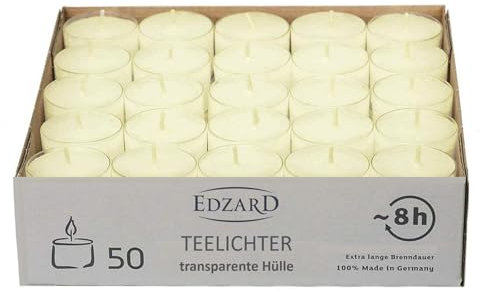 EDZARD Lot de 50 bougies chauffe-plat, couleur jaune clair (diamètre 38 mm, durée de combustion de 8 heures), en paraffine, sans parfum, pour photophore en verre