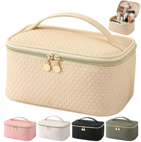 Bestash Necessär dam, vattentät resa kosmetikväska, PU-läder makeupväska, sminkväska stor med kontorsfack, necessär arrangör bärbar makeupväska, M beige, Dragkedja