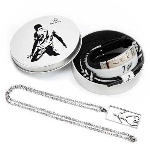 Skaisa Set of 4 Ronaldo Stuff, Ronaldo Necklace, Signature Black Wristband, Hand Weave Bracelet, White Sports Wristband, C-ristiano Ronaldo Merch, Ronaldo Jersey No. 7 Collection Metal Gift Box