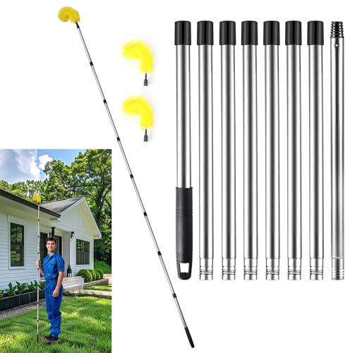 LrqzHsyl Gutter Cleaning Tools,10.5 feet Long Gutter Cleaning Tools from The Ground ,Gutter Cleaner Ability to Easily Clear roof Leaves and Debris(8 Stainless Steel Tubes and 2 Yellow Brush Heads)
