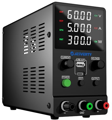 Labornetzteil, Jesverty Labornetzteil DC Regelbar Netzgerät(60V, 5A) mit USB und Typ-C-Schnellladung, Encoder-Knopf, Ausgangs-EIN/Aus-Schalter, 4-stelliges LED-Display – SPS-6005M