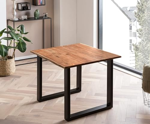 Bett11 SAM B-Ware Esstisch 80x80 cm Mundra, Baumkantentisch aus Akazienholz, massiv + nussbaumfarben, U-Metallgestell Schwarz, Esszimmertisch mit echter Baumkante