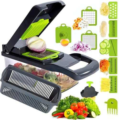 15 in 1 Vegetable Chopper, Mandoline Vegetable Slicer Multifunctional, Chopper Vegetable Cutter with 7 Blades, Mitten, Cleaning Brush and Peeler, Food Chopper for Cutting Vegetables and Fruit
