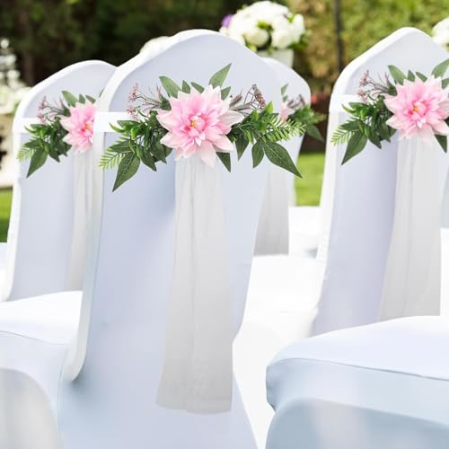 BFYDOAA Set of 6 Wedding Aisle Pew Flowers Chair Back Flowers Artificial Dahlias with Bows Tulle for Ceremony Celebration Seat Church Bench (pink)