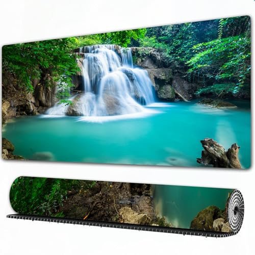 EOMKSE Mauspad Verlängertes großes Mauspad Schreibtischauflage,genähte Kanten Mauspad,Gummibasis,Wasserfall, exotischer Wasserfall über Cyystal, wie The Secret Lake Foto-Kampf,Gaming-Mauspad,40x90 cm
