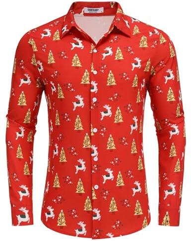 COOFANDY Julskjorta för män, tryck, skjorta, julskjorta, roliga funkiga, skjortor, långärmad skjorta, julmönster, julskjorta, julskjorta, Jul-röd-a, XL