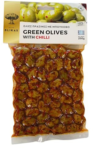 Blikas Aceitunas Verdes Griegas Marinadas con Chile (2 x 250 g) – Snack Picante Mediterráneo – Total 500 g – Sin Conservantes – Calidad Gourmet