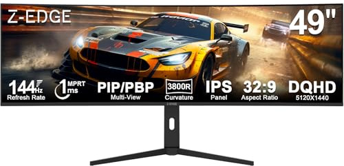 Z-Edge 49 Inch Curved Gaming Monitor 144Hz DQHD 5120x1440 IPS Monitor 1ms MPRT, 32:9 Ultrawide, 10Bit, FreeSync, HDR10, Tilt/Swivel/Height Adjustable, USB Type-C 65W, HDMI DisplayPort, KVM, PIP PBP