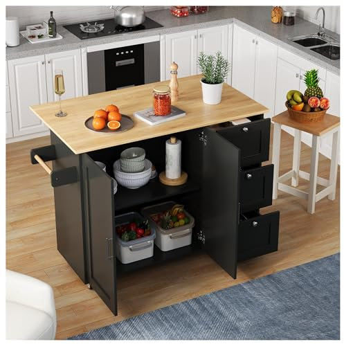 Wyibwy Grande tavolo da cucina mobile, Piano di lavoro pieghevole in rovere testurizzato, mobile multifunzionale, con ripiani regolabili, 3 cassetti, portasciugamani, 135 * 44(70)*90cm, nero