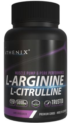 Athenix® Premium L-Arginine Capsules + L-Citrulline - 5000 mg, 2500 mg L Arginine + 2500 mg L Citrulline | Boost Nitric Oxide, Muscle Pumps & Endurance, Premium Grade Made in Germany, Vegan, 220 Caps