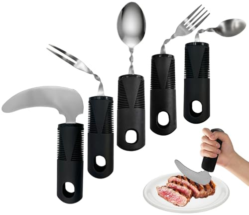 Daily Treasures Set de 5 Couverts Adaptés, Couteau à Steak Vertical & Fourchettes/Cuillères Orientables 180°pour Mains Atteintes de Parkinson, Tremblements, Arthrite, Personnes Âgées et Adultes (Noir)