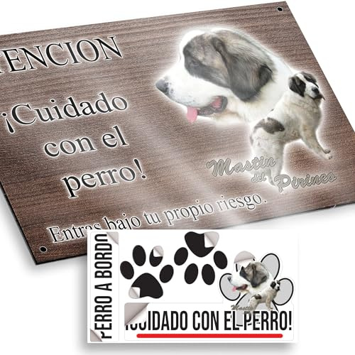 Mastín de los Pirineos Cartel Cuidado Perro Peligroso 20x12,5cm - Diseño Madera Marrón Dibond con Pegatina Coche 20x5cm