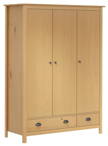Emmtore Kiefernholz Massiv Kleiderschrank mit 3 Türen 2 Schubladen Garderobenschrank Holzschrank Schrank Schlafzimmerschrank 127x50x170cm,Braun