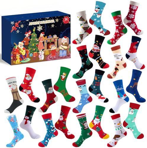Calendrier de l'Avent Chaussettes, Calendrier de l'Avent Femme Homme 2025 avec 24 Chaussette de Noel Chaudes Douces 24 Jours Compte à rebours de Noël pour Adultes Adolescents Cadeaux de Noël