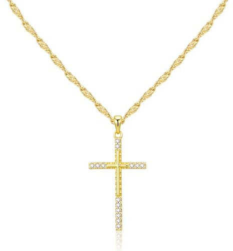 ALEXCRAFT Collana Da Donna Con Croce Placcata In Oro 14 Carati Con Zirconi, Collana Con Pendente A Croce In Oro Lucido, Catena Regolabile 41+5 Cm, Gioielli Moda Da Donna, Regalo Per Donna