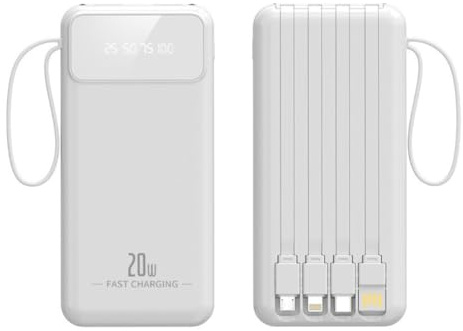 20000mah Power Bank Ricarica Powerbank portatile Cavo incorporato ultra sottile One Drag Caricabatterie staccabile a 4 fili Schermo di visualizzazione dell'alimentazione Caricabatterie con u