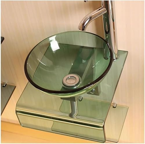 Lavandino Da Bagno A Parete, Moderno Lavabo In Vetro Temperato For Piccoli Spazi, Lavabo Rotondo Con Piletta A Scomparsa(Verde)
