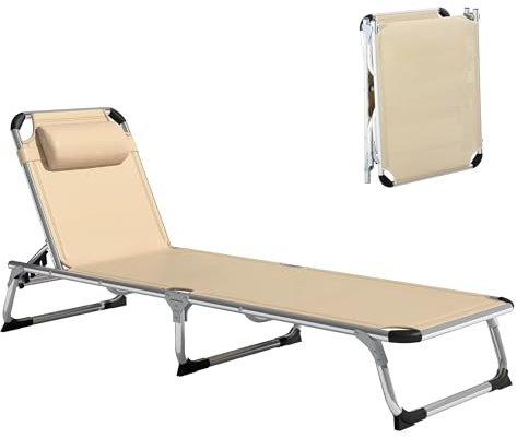 Outsunny Lettino Prendisole Pieghevole con Schienale Reclinabile su 4 Livelli, Sdraio da Giardino con Poggiatesta, in Alluminio e Texteline, per Spiaggia Piscina Giardino, 60x165x76 cm, Beige