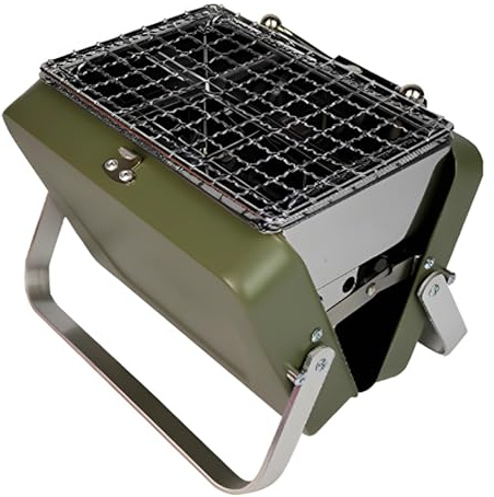 BOSREROY Portable Mini BBQ Grill, Foldable Table Top Charcoal Grill, Iron Body with Aluminum Legs, Green, 1-2 Person Outdoor Cooking