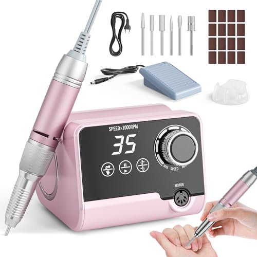 Fresa de uñas eléctrica profesional, 35000 rpm, juego de manicura y pedicura con 6 fresas, pantalla LED para uñas de gel y uñas acrílicas, para uso doméstico y salones de uñas (rosa)