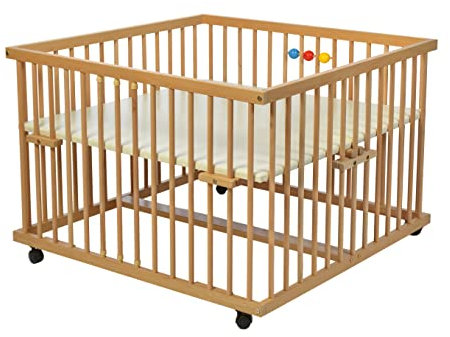 Kidsmax Laufgitter Laufstall David 100x100 Buche natur inkl. Holzkugeln, Polsterboden, Schlupfsprossen, Höhenverstellung und Rollen