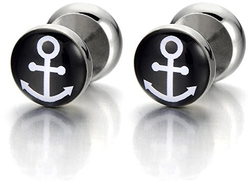 10MM Círculo Enchufe falso Fake Plug con Ancla, Pendientes de Hombre, Aretes, Acero Inoxidable, 2 Piezas
