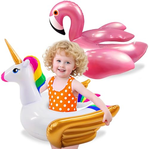 2 Pack Pool Floats for Kids-Unicorn & Flamingo Swim Floats Tubes Kids Pool Floaties, Inflatable Swimming Split Ring Ride On for Age 3-8 Years Girls Boys Summer Party Beach Pool Essentials Water Toys