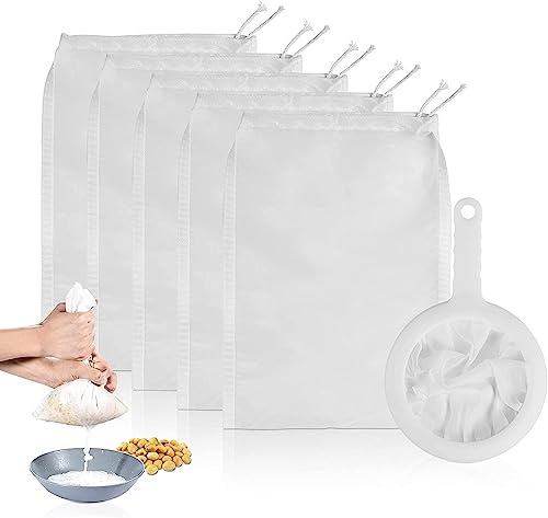 Haosens 6 Pack-200 Mesh Fine Mesh Strainer & Nut Milk Bags Reusable Food Strainer - Food Grade BPA-Free - Ultra Strong Fine Nylon Mesh - Nutmilk, Juices, Cold Brew, Tea Coffee, Juice Soy Milk Juice