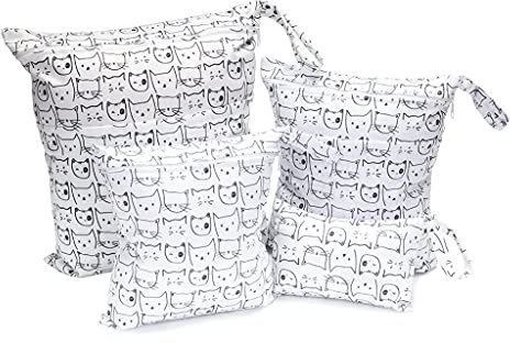 Egurs 4 Stück windeltasche wetbag wiederverwendbar Set 4 Verschiedene Größen Nasstasche Stoffwindeln Wasserdicht Waschbar Organizer Beutel Reisetaschen weiße Katze